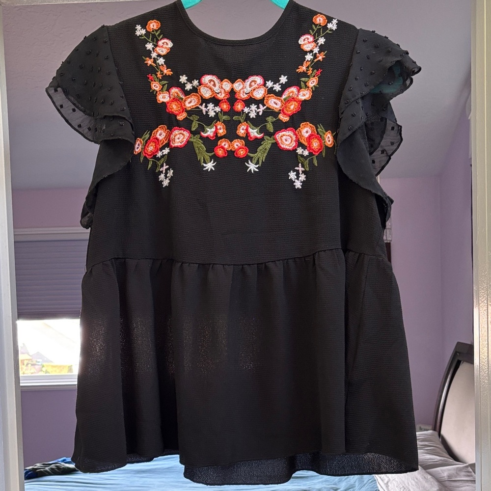 SHEIN Black Floral Embroidered Blouse